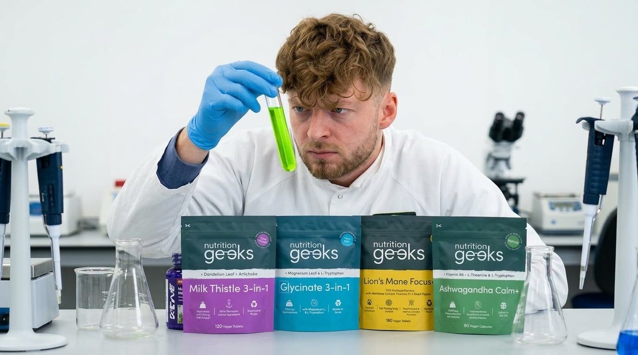 Logan in the lab with a row of supplement bottles